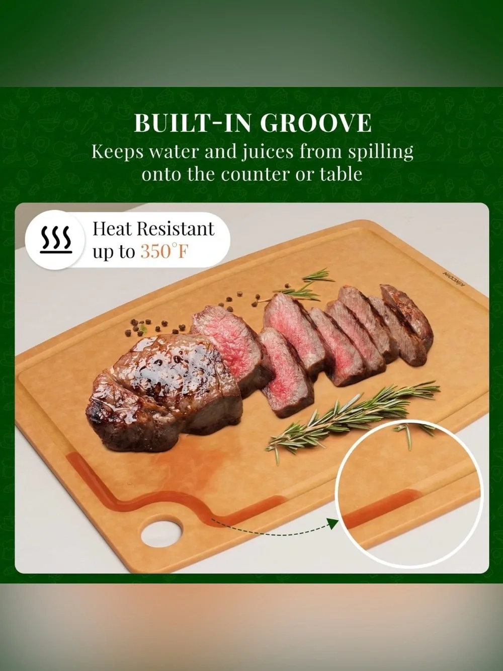 Kikcoin Wood Cutting Board, Cutting Boards for Kitchen Dishwasher Safe Non-sl...